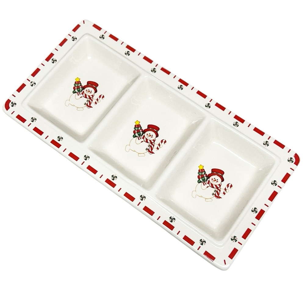 Vintage Holiday Moments Stoneware 3-Section Tray with Snowman Design